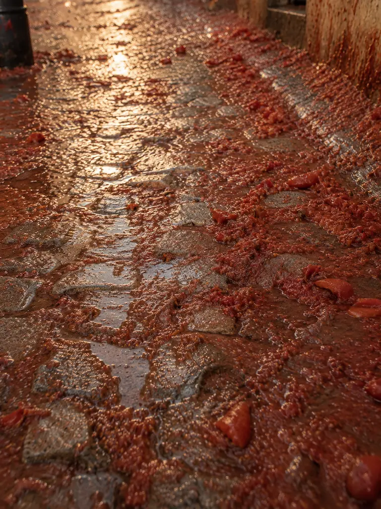 Crushed tomatoes, skins, seeds, and watery pulp cover a sunlit cobblestone street in Buñol after La Tomatina.