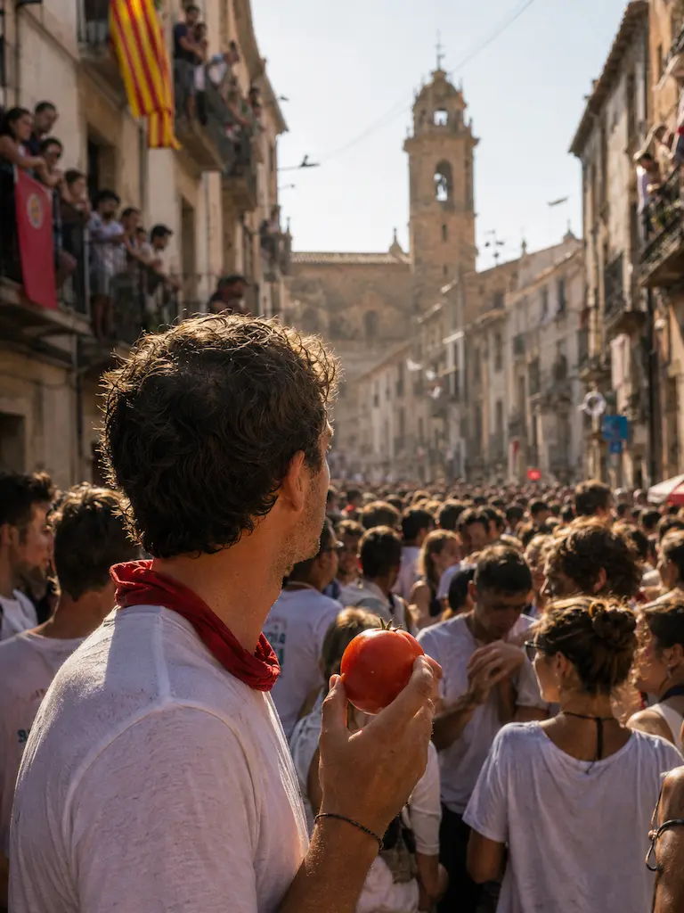 Spain: La Tomatina in Buñol 10 A man in a white shirt and red neckerchief holds a tomato while facing a crowded street in Buñol before La Tomatina, with spectators on balconies and a historic bell tower in the distance.