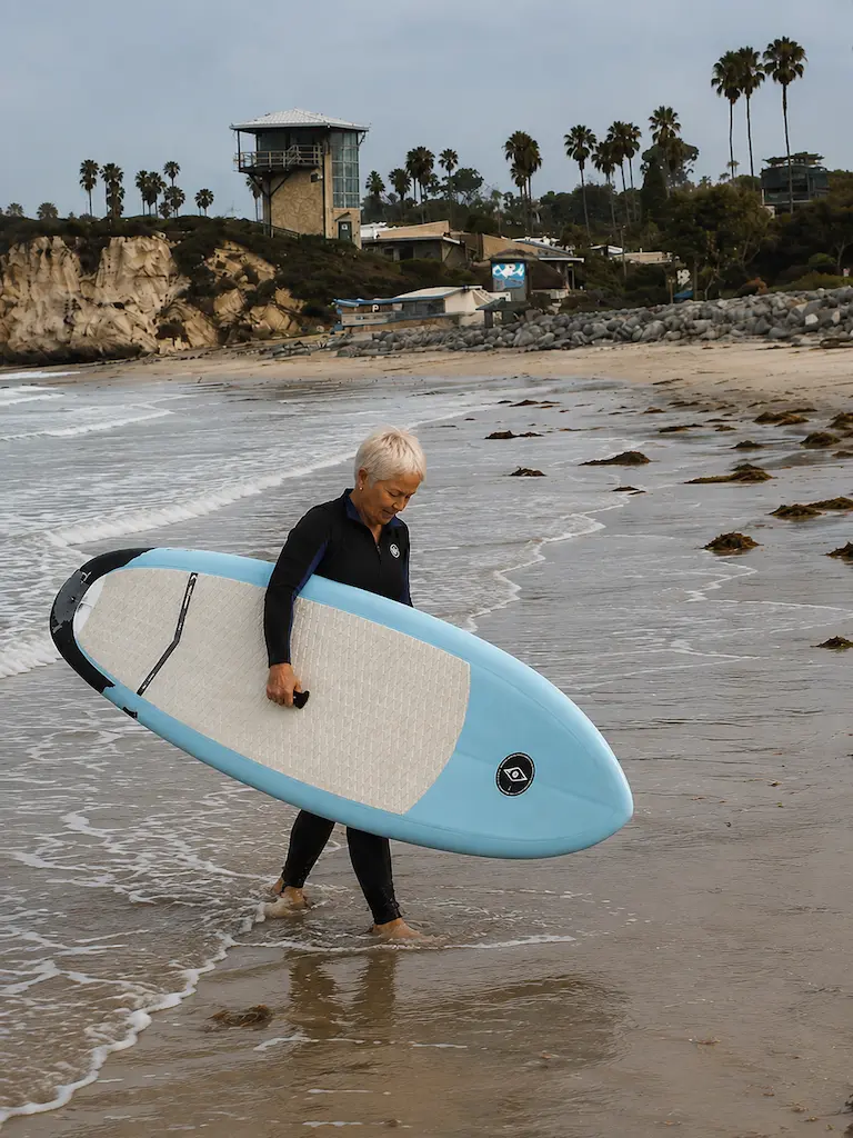 Linda Benson carries a blue paddleboard through shallow water along a Southern California beach.