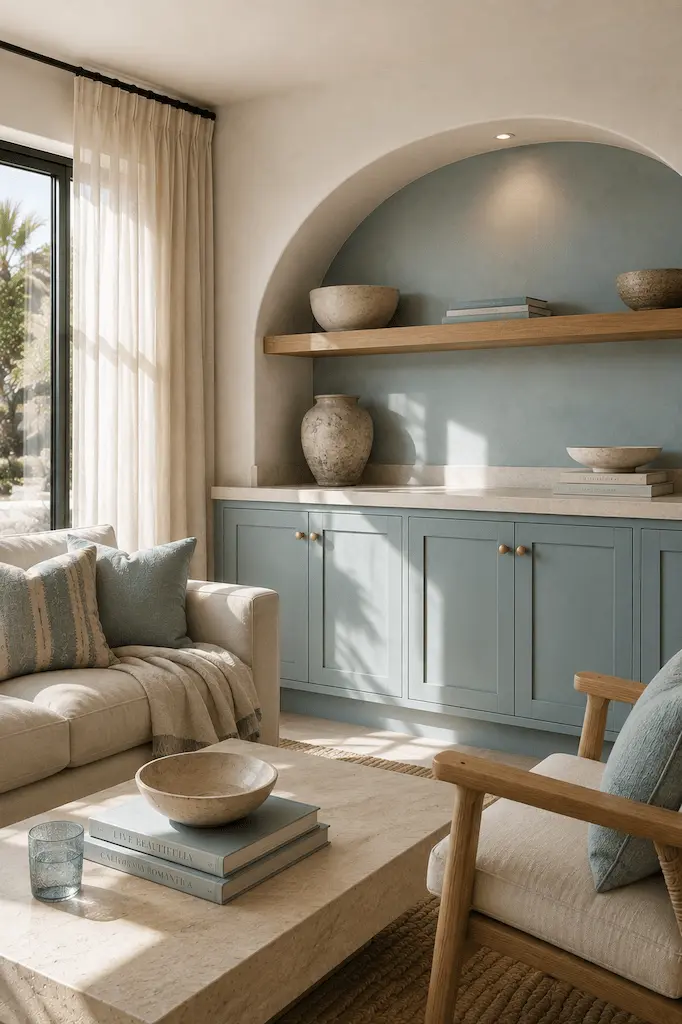 Sunlit coastal room with Sea Glass built-in cabinetry, an arched blue niche, limestone surfaces and woven natural textures.