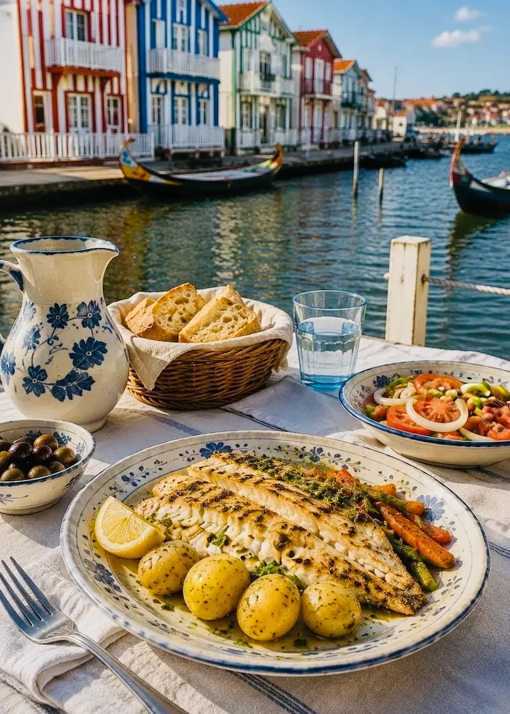 Grilled fish with potatoes, vegetables and bread served beside the Ria de Aveiro in Costa Nova, Portugal