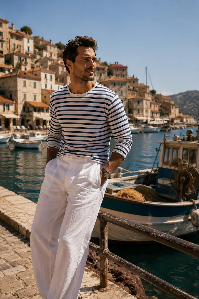Man in a navy-and-white Breton striped shirt standing beside a fishing boat in a traditional Mediterranean harbor.