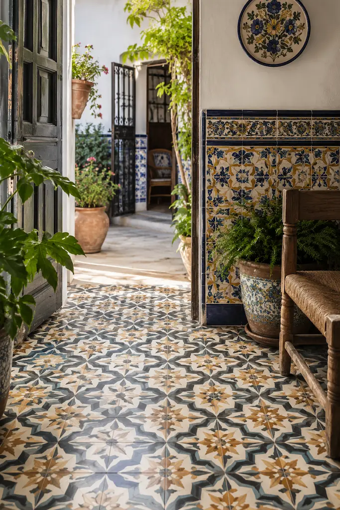 Spanish courtyard entrance showcasing patterned Mediterranean floor tiles and hand-painted ceramic wall tiles.