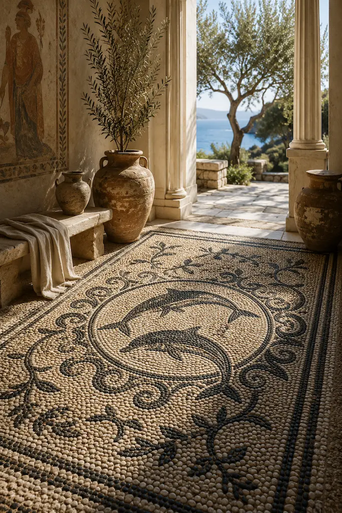 Ancient Greek pebble mosaic floor featuring dolphins in a traditional Mediterranean courtyard overlooking the sea.