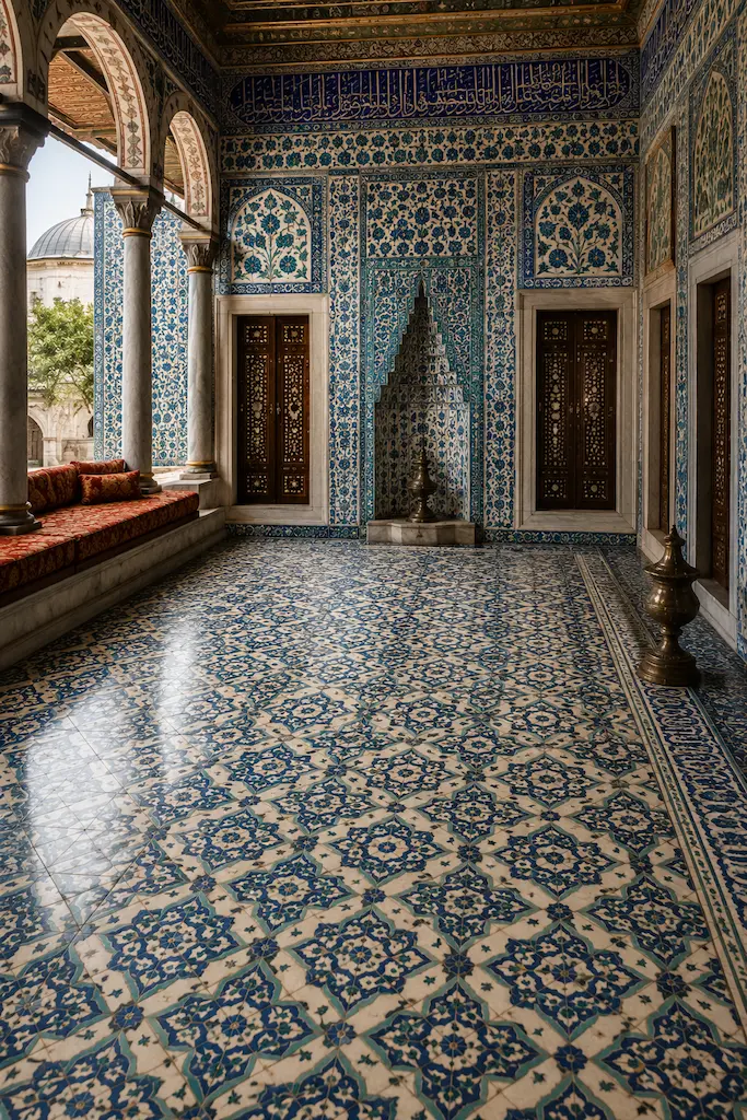 Traditional Ottoman interior with intricate blue ceramic tile floors and walls inspired by Turkish craftsmanship.