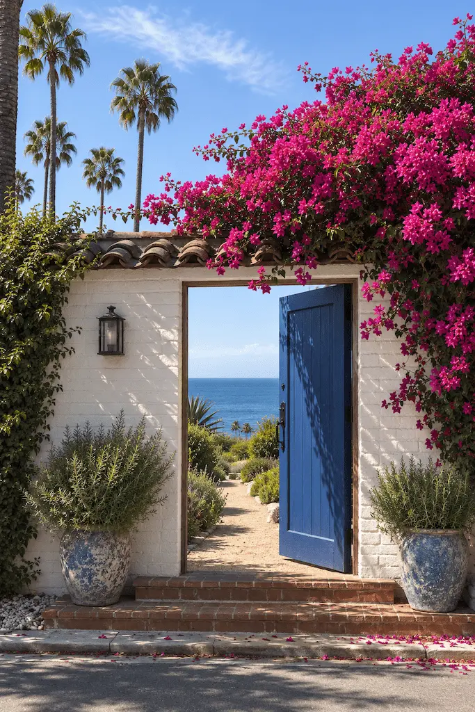 Blue front door framed by bougainvillea and palm trees overlooking the Pacific Ocean in a California Mediterranean-style home.