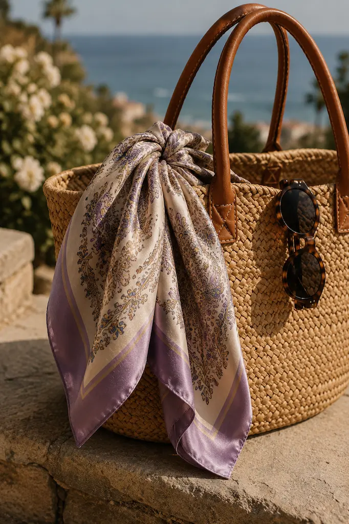 Close-up of a silk scarf tied to the handle of a woven straw tote beside sunglasses in a Mediterranean coastal setting.