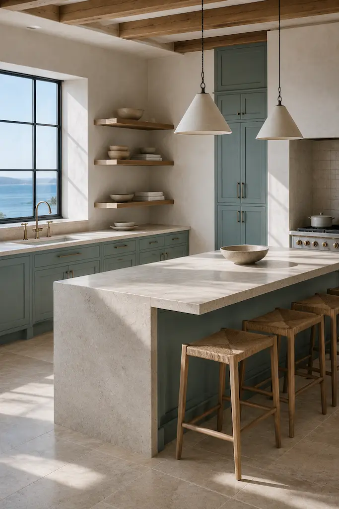 Bright kitchen with Sea Glass blue cabinetry, pale limestone surfaces, warm white plaster and natural wood shelving.