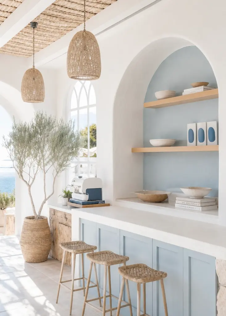 Bright kitchen with Sea Glass blue cabinetry, pale limestone surfaces, warm white plaster and natural wood shelving.