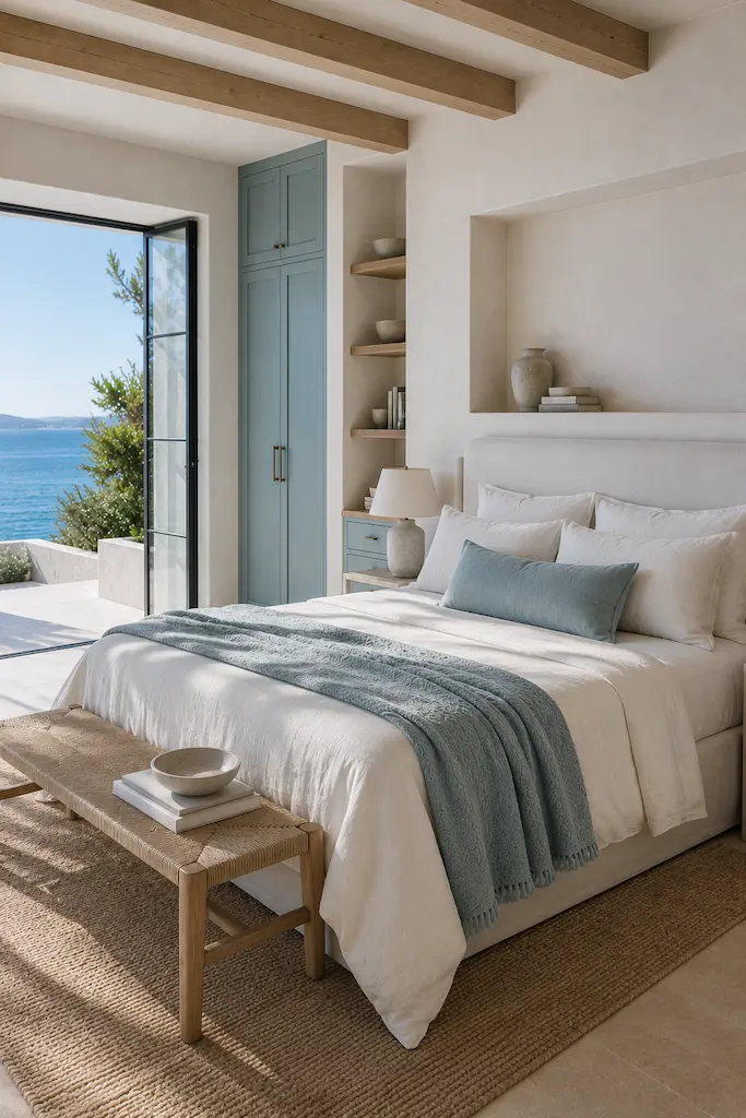 Bright Caliterranean bedroom combining washed Sea Glass blue textiles with warm white plaster, pale stone and natural wood.