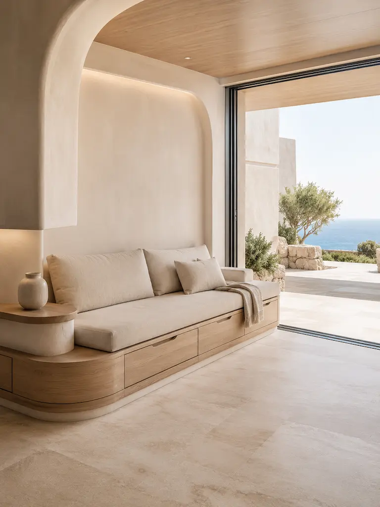 Built-in coastal window seat with curved wood storage drawers, neutral linen cushions and an open view toward the sea.