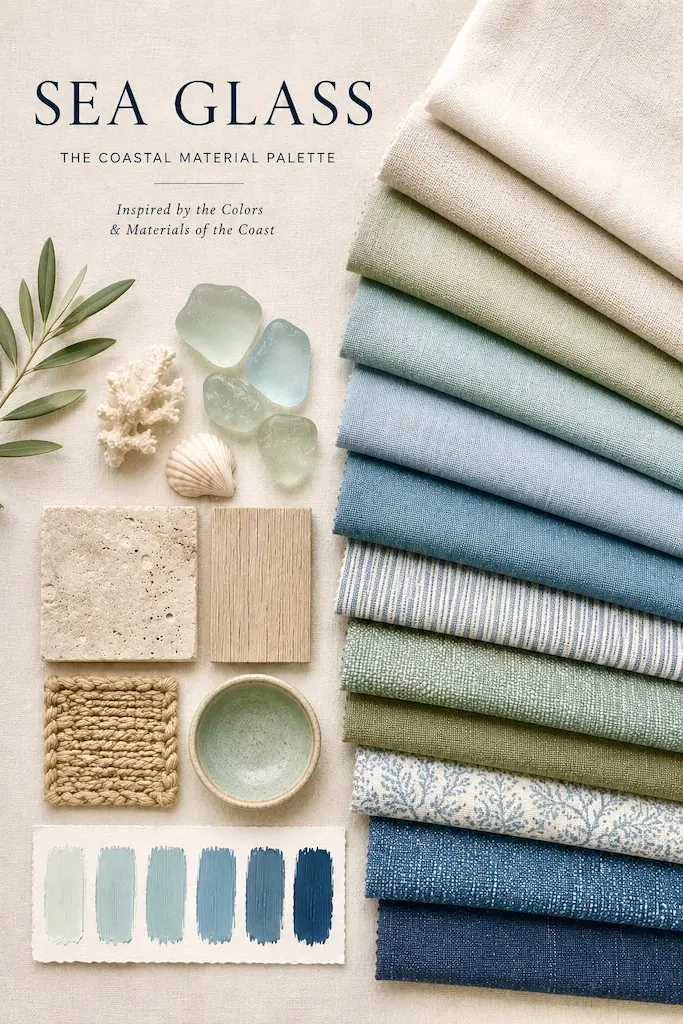 Sea Glass material palette with soft blue, warm white, limestone, natural wood, woven fibers and glazed ceramic.