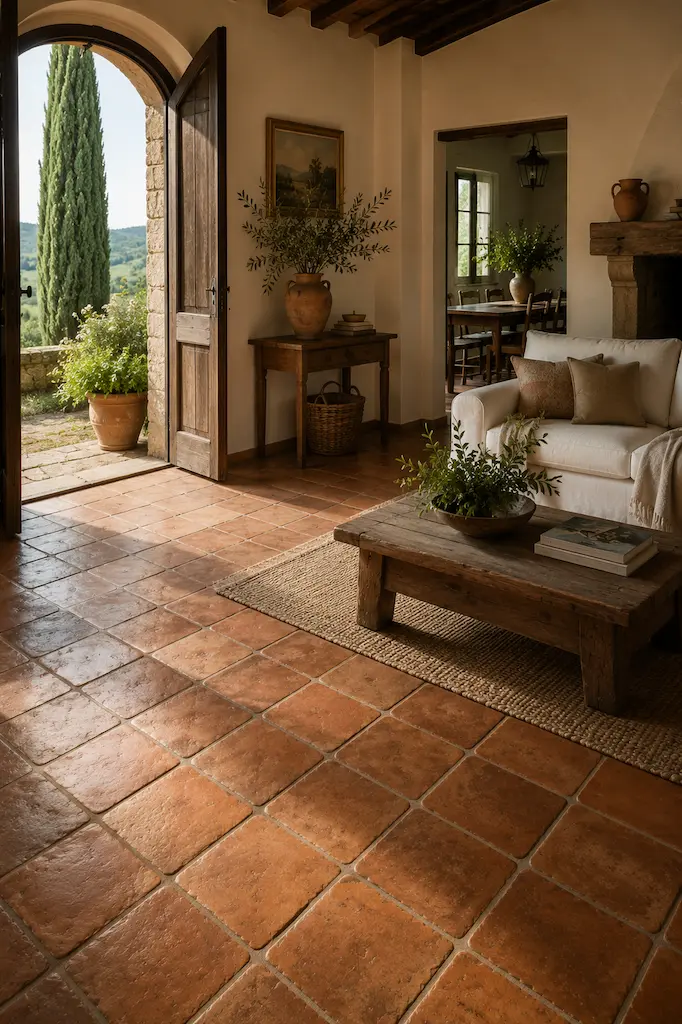 Traditional Tuscan living room with warm terracotta floor tiles