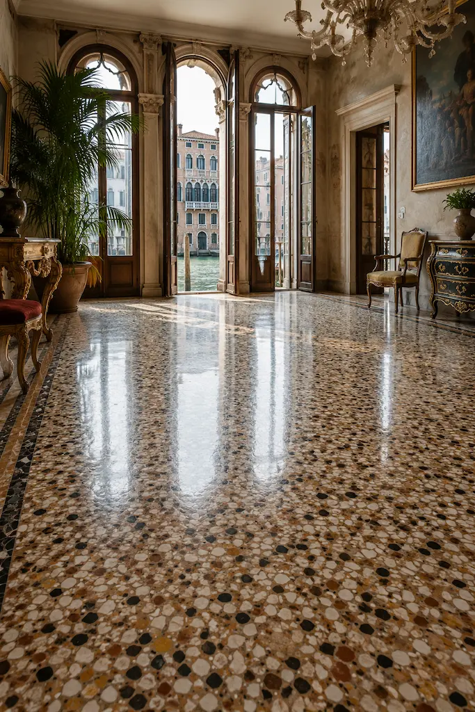 Historic Venetian palazzo featuring polished terrazzo flooring overlooking a canal in Venice, Italy.