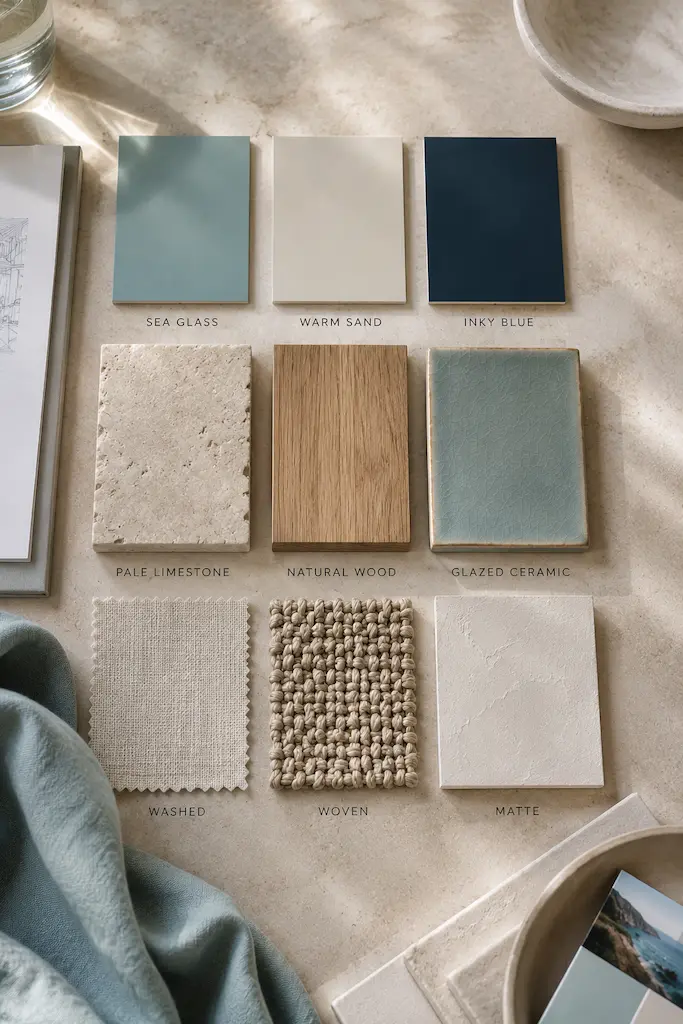 Three coastal colors, three natural materials and three tactile textures arranged as the VeniS Atelier 3×3 interior palette.