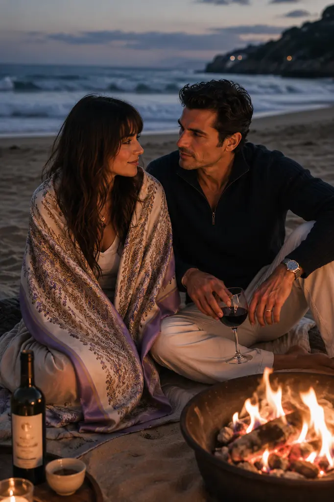Couple enjoying a beach bonfire at sunset as a woman wraps herself in a cozy patterned scarf on a cool coastal evening.