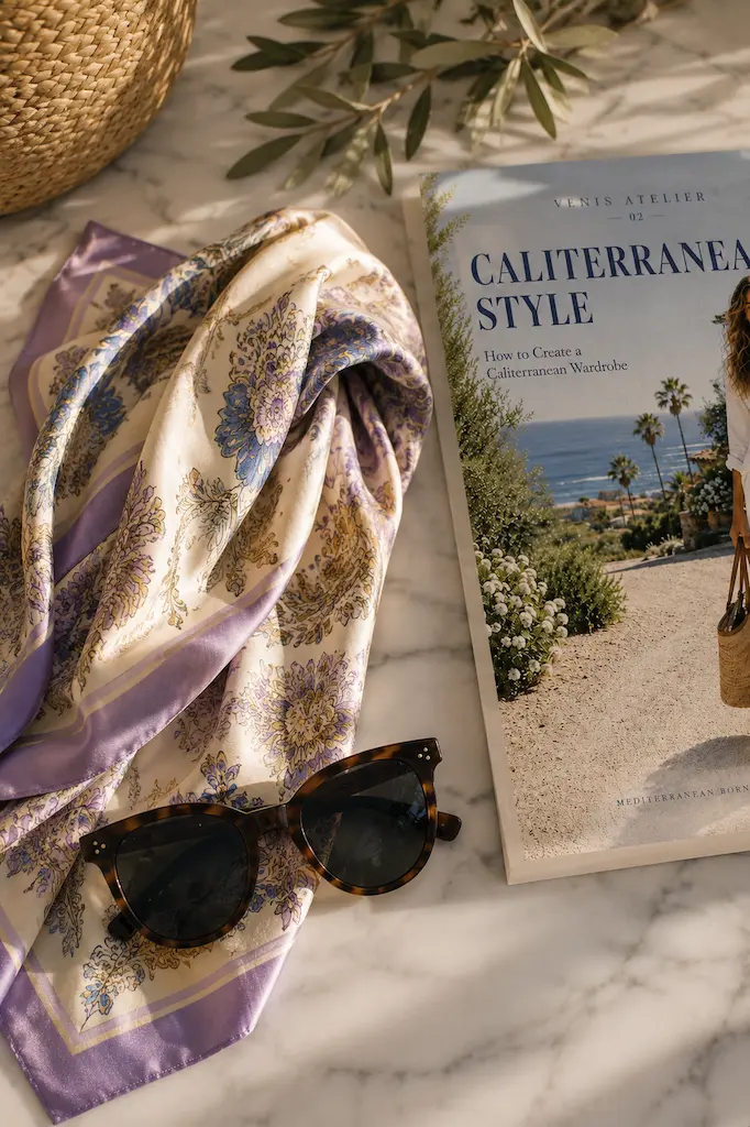 Silk scarf, sunglasses, and the VeniS Atelier Caliterranean Style guide arranged on a marble table in warm Mediterranean sunlight.