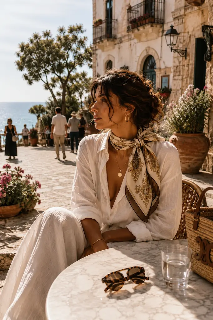 Woman wearing a silk scarf around her neck while sitting at a seaside café overlooking the Mediterranean, illustrating timeless Caliterranean style.