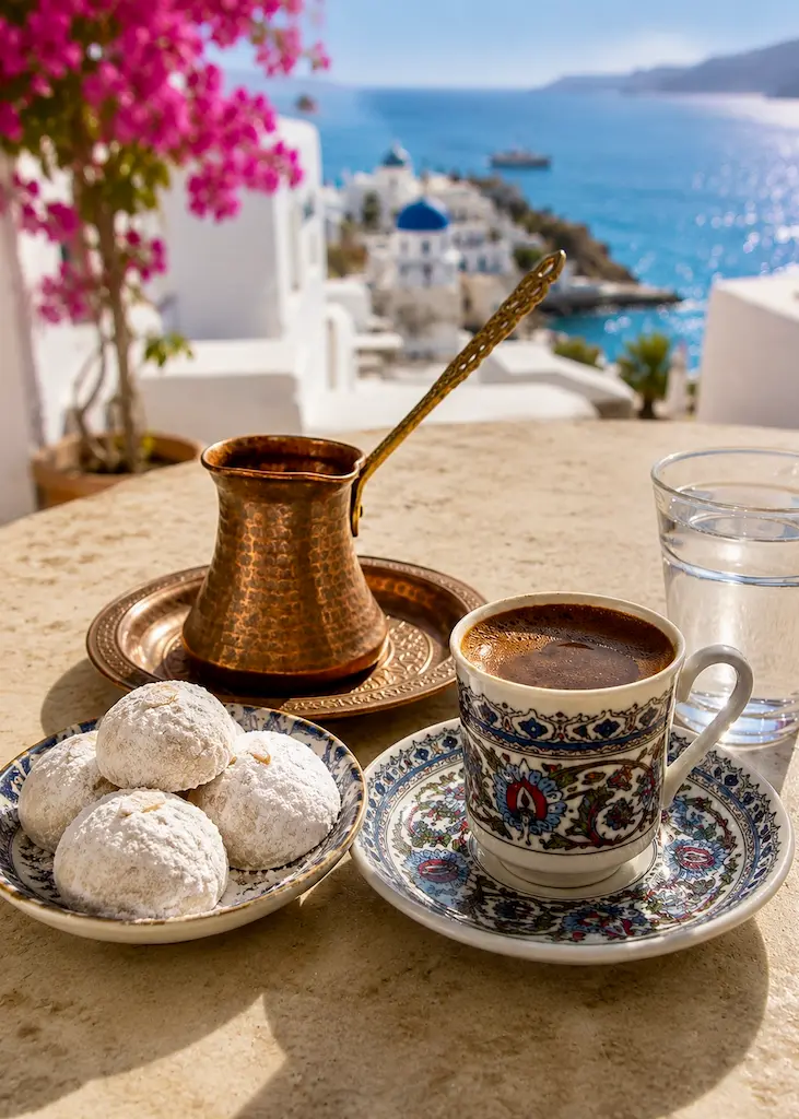 Traditional Greek coffee served with buttery kourabiedes cookies on a sunlit terrace overlooking the Aegean Sea.
