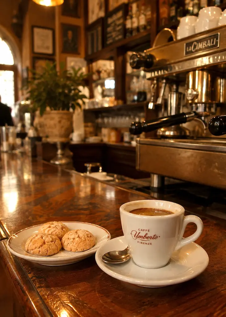 Italian espresso served with crisp amaretti biscuits at a traditional café bar in warm morning light.