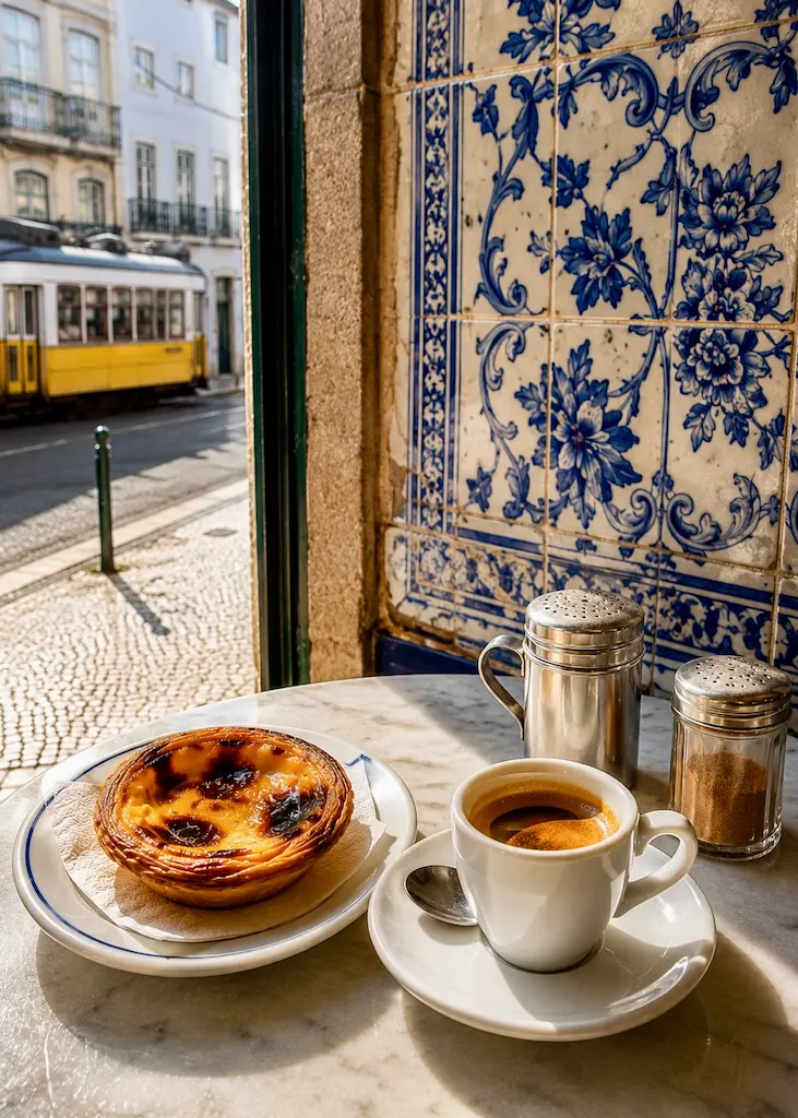 Fresh pastel de nata served with a Portuguese bica espresso on a marble café table with blue azulejo tiles.