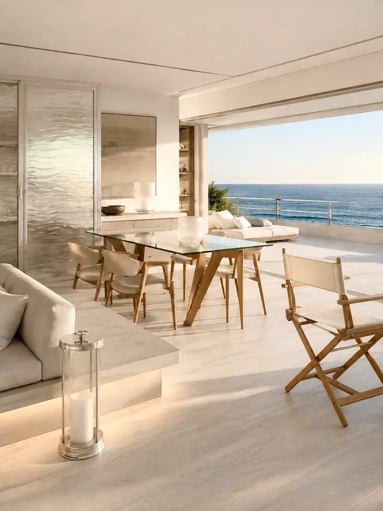 Open-plan coastal living and dining room with pale wood furniture, textured glass doors and a wide ocean-facing terrace.
