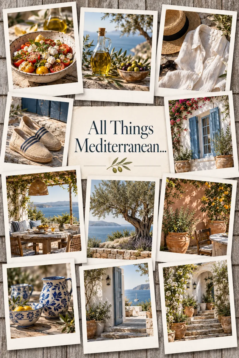 Editorial collage of Mediterranean food, linen clothing, espadrilles, blue shutters, coastal architecture and outdoor living.