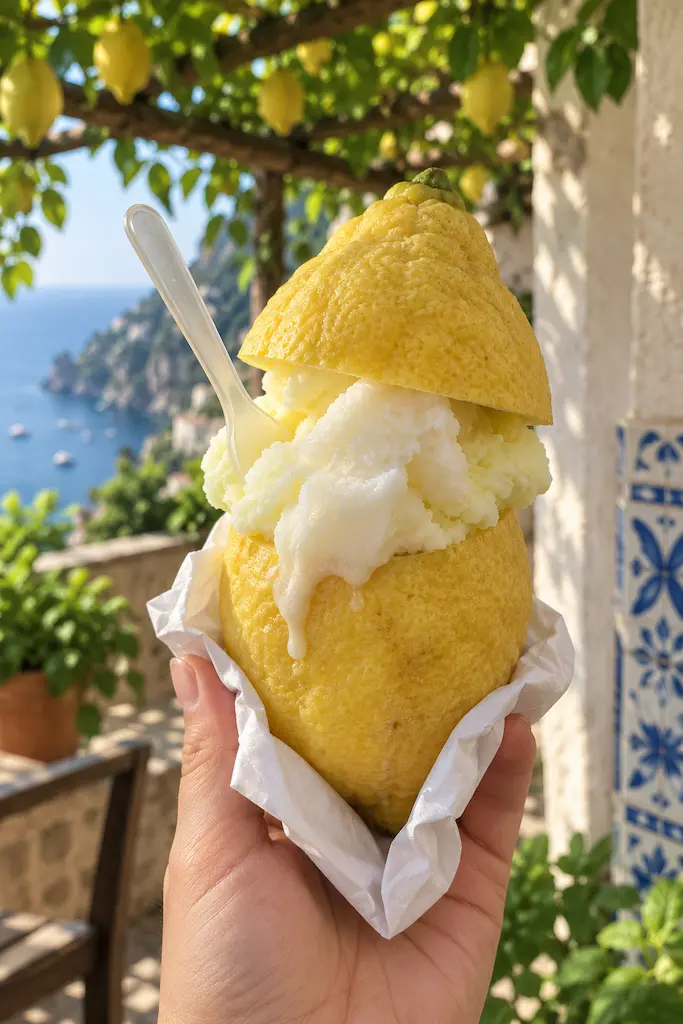 Amalfi lemon filled with melting lemon sorbet beneath a coastal lemon pergola.