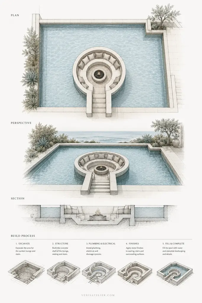 Architectural drawing showing the plan, section and construction concept of a circular sunken lounge built within a swimming pool.