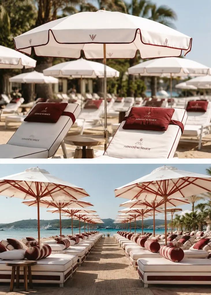 White and burgundy Armani-inspired loungers and parasols at a Mediterranean beach club.