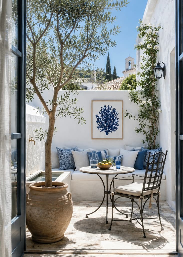 Small Mediterranean courtyard with white walls, blue accents, olive tree, built-in seating and a dining table.