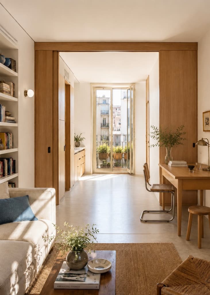 Bright Barcelona apartment with sliding timber partitions, built-in storage, a multifunctional table and a small balcony