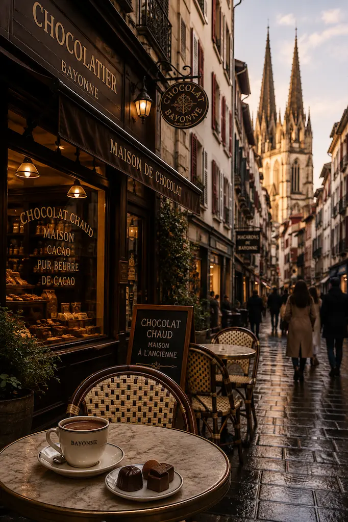 Chocolatier café on a historic street in Bayonne, France, with hot chocolate and chocolates on a café table.