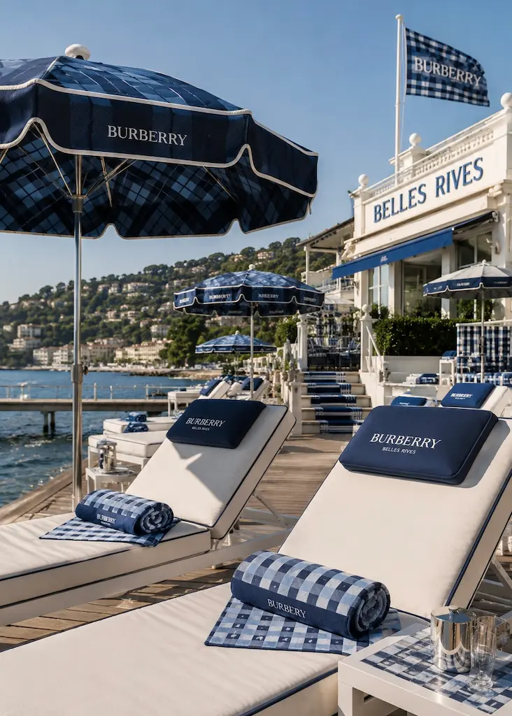 Blue Burberry-inspired check parasols and loungers overlooking the Mediterranean at Belles Rives.