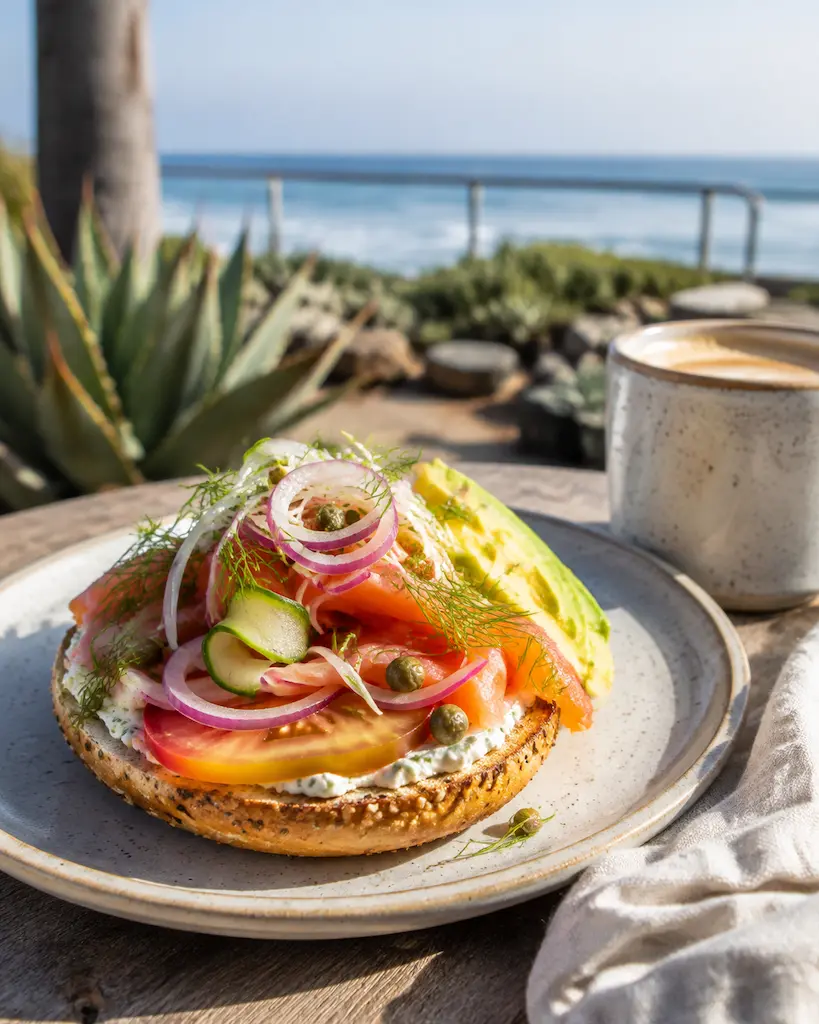 An open-faced bagel with smoked salmon, avocado, tomato, cucumber and capers served beside the Pacific Ocean.