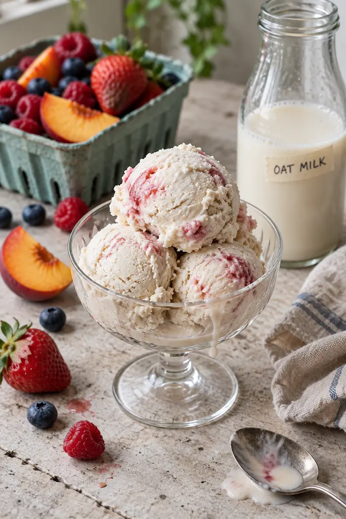 Oat milk ice cream with berries and peaches beside a handwritten oat milk bottle.