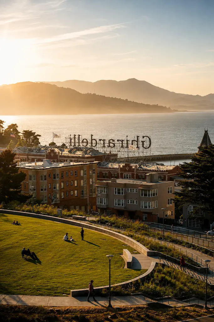 Ghirardelli Square and the San Francisco waterfront overlooking the bay in California.