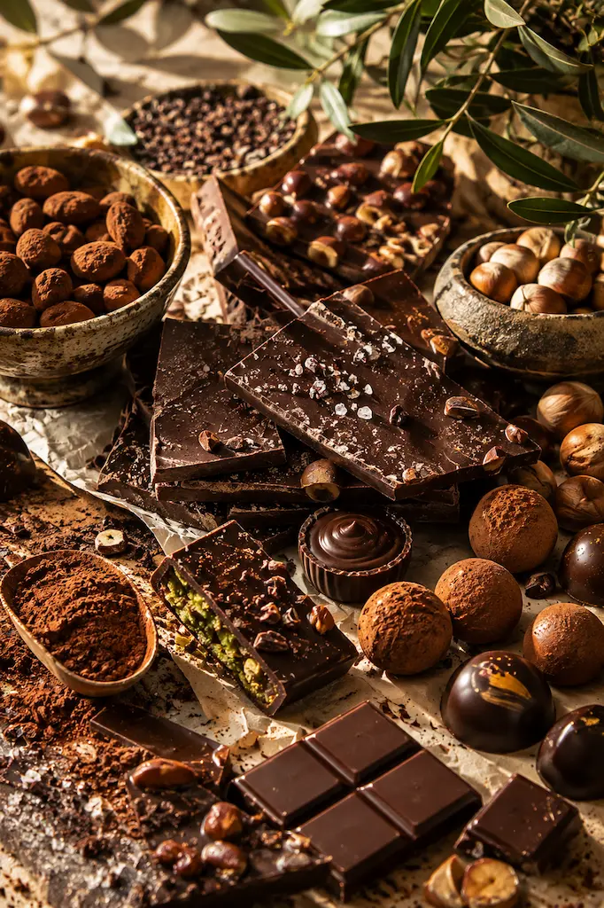 Assortment of dark chocolate bars, truffles, pistachio chocolates, hazelnuts and cocoa arranged for The Chocolate Route.
