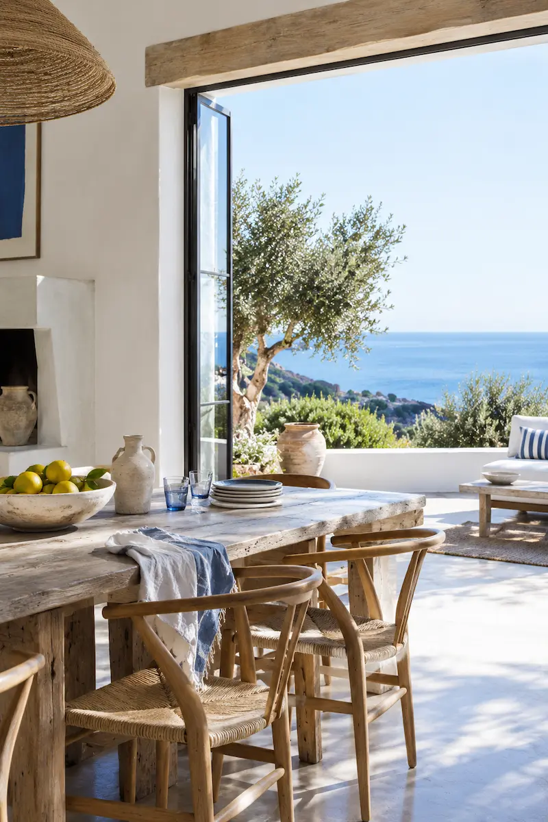 Contemporary Mediterranean dining room with stone table, natural wood and shaded terrace overlooking the sea.