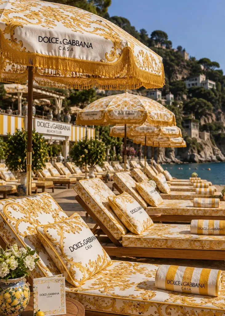 Dolce & Gabbana-inspired parasols and loungers beneath palm trees at a Mediterranean beach club.