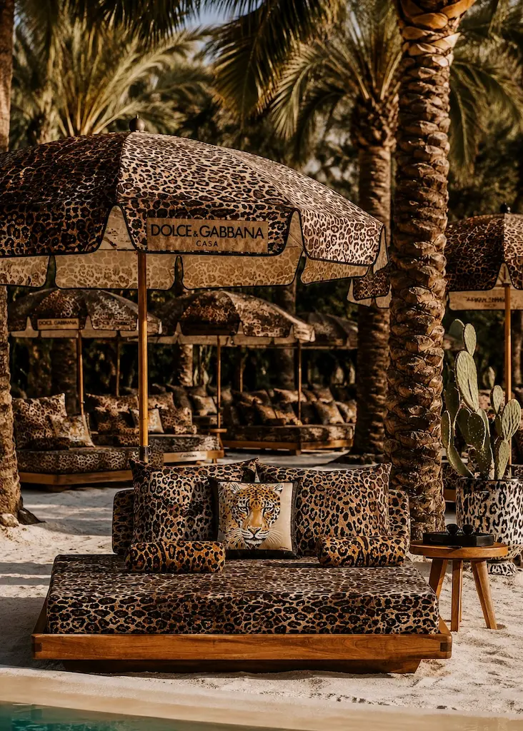 Leopard-print Dolce & Gabbana-inspired parasols and loungers beneath palm trees at a Mediterranean beach club.