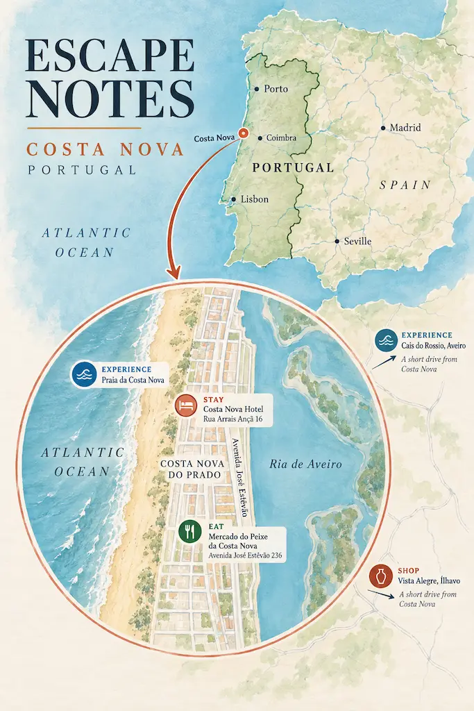 Map of Portugal showing Costa Nova near Aveiro, with a magnified local map marking Costa Nova Hotel, Mercado do Peixe, Praia da Costa Nova, Cais do Rossio and Vista Alegre.