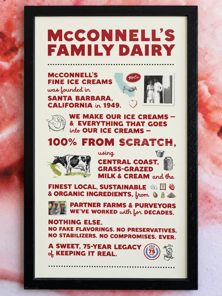 McConnell’s Family Dairy poster describing its Santa Barbara history and Central Coast ingredients.