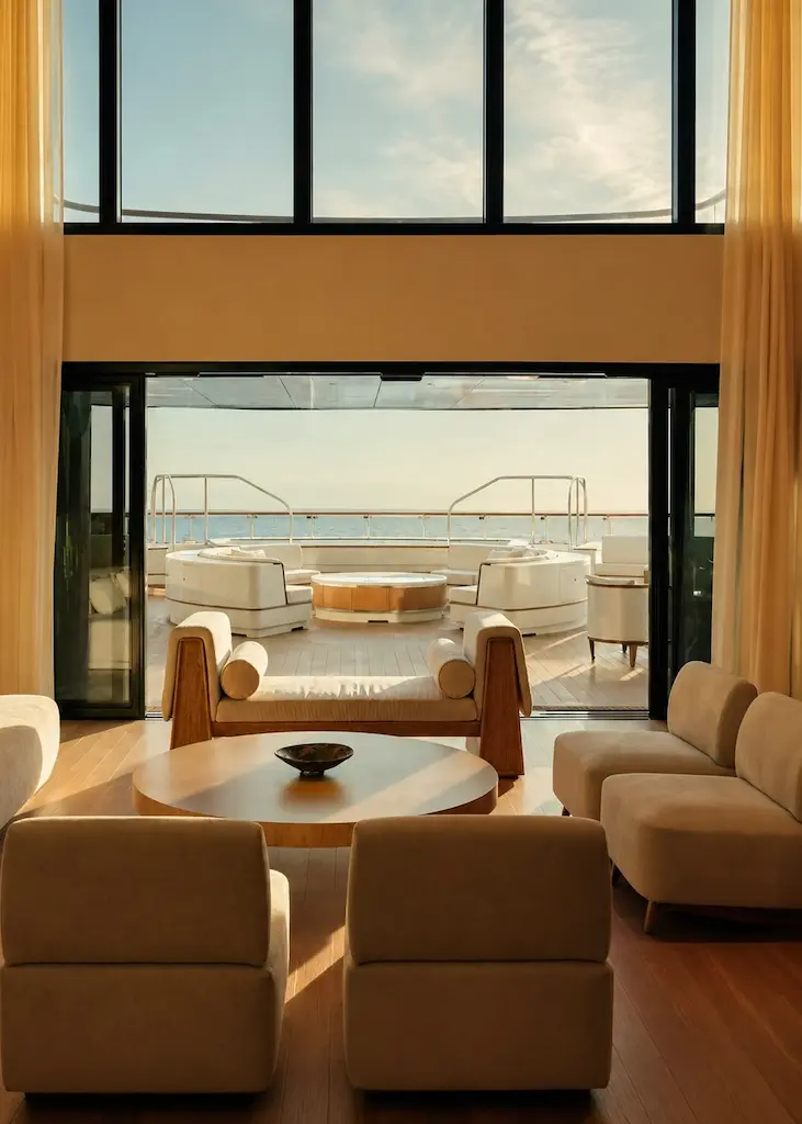 Living area aboard Four Seasons I opening onto a private terrace with panoramic ocean views.