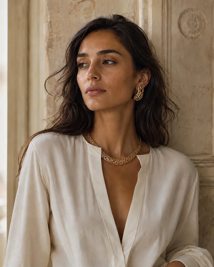 Woman in an elegant ivory outfit wearing openwork gold jewelry on a Venetian balcony overlooking a sunlit canal.