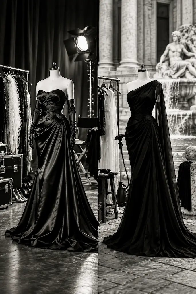 Split image of two black evening gowns on dress forms, one on a Hollywood movie set and one in a Roman setting