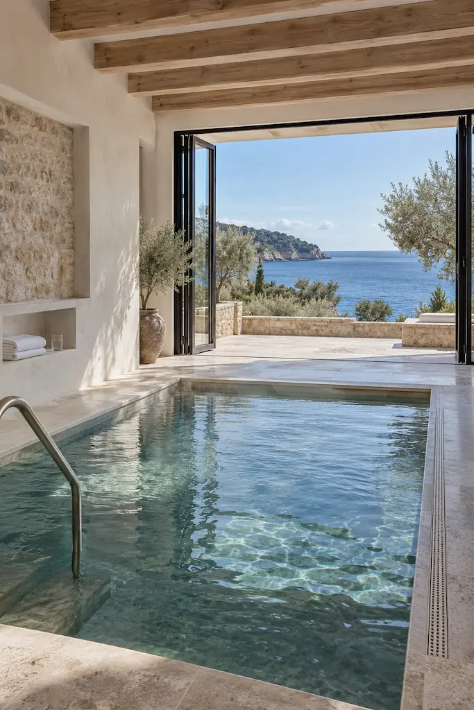 Modern white-and-blue spa interior with a circular soaking pool, blue tiled walls, a treatment table, folded towels and natural daylight.