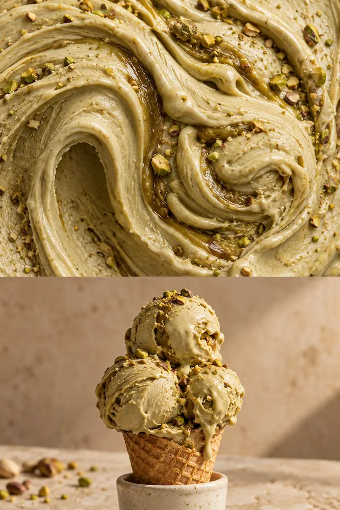 Italian pistachio gelato shown in creamy folded ribbons and three scoops.
