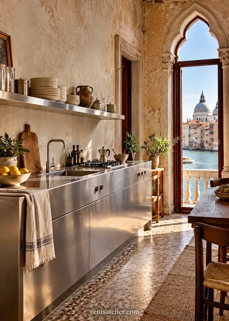 Venice kitchen pairs sleek stainless steel with centuries-old architecture