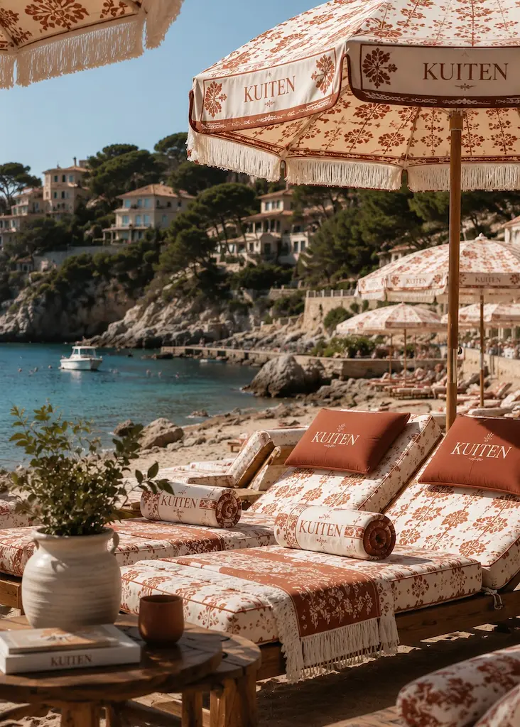 Terracotta and white Kujten-inspired loungers and parasols at a Mediterranean beach club.